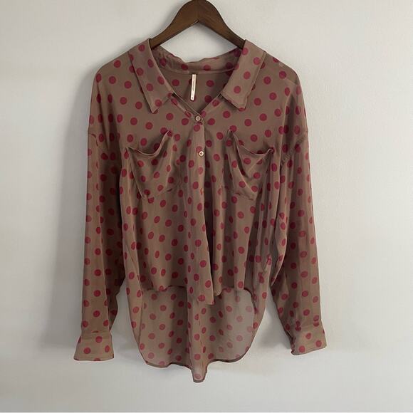 Free People | Women’s Easy Rider Copper Brown Button Down Blouse Polka Dot Shirt - Picture 9 of 10